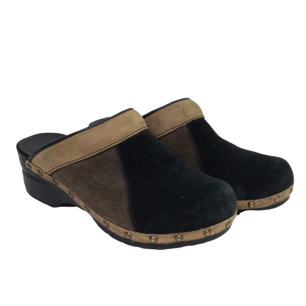 Sanita Black Brown Color Block Suede Studded Slip On Clog Women’s Size 37 - Picture 1 of 14